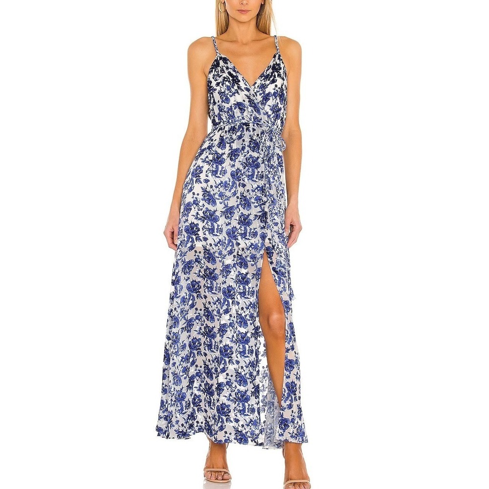 Alice + Olivia Samantha Maxi Dress Size 12 Blue White Floral Silk Blend Belted